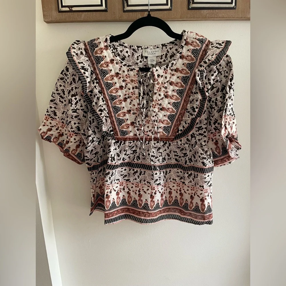 Calypso St. Barth Cream Blouse with Rust and Black Paisley Print - Picture 1 of 8